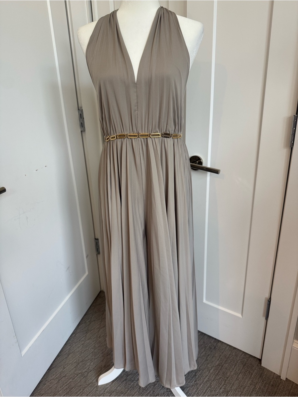 Halston Heritage Taupe Halter Palazzo Jumpsuit with Gold Chain Detail
